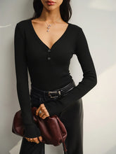 Button Placket Ribbed Knit Fitted V-Neck Top